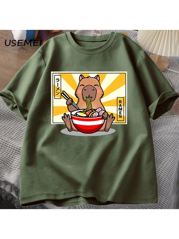 Capybara pamuklu t-shirt rahat erkek giysileri boy kısa kollu Tees yaz japon Streetwear 90s h