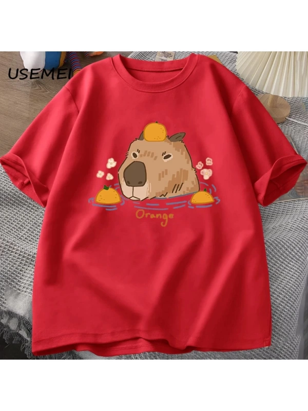 Capybara portakallar ile yüzme t-shirt boy T Shirt Unisex pamuk Shrot kollu karikatür hayvan