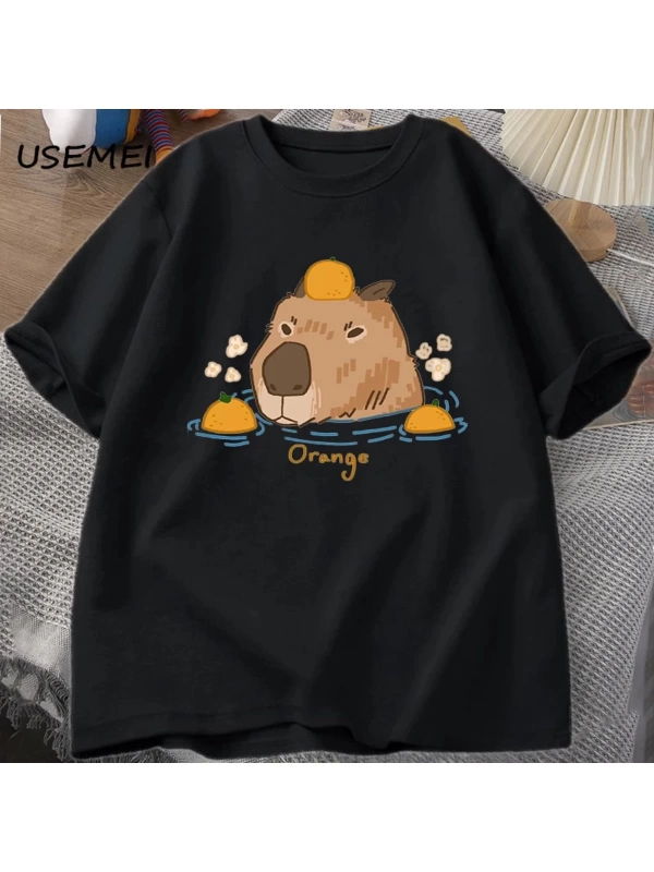 Capybara portakallar ile yüzme t-shirt boy T Shirt Unisex pamuk Shrot kollu karikatür hayvan