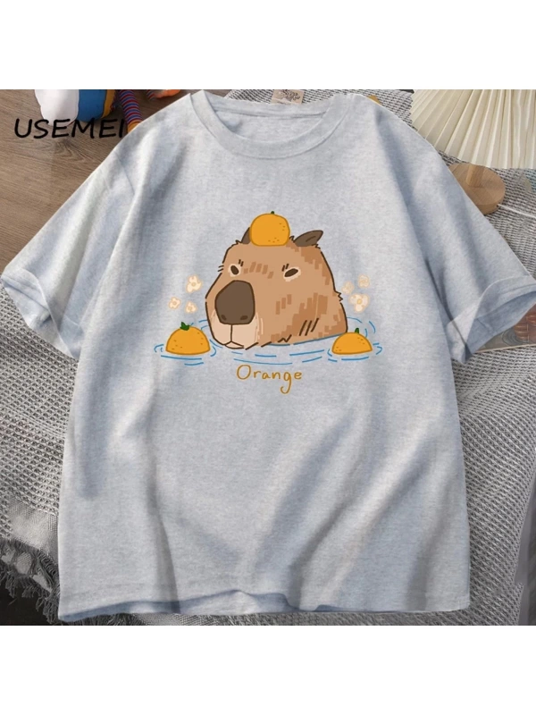 Capybara portakallar ile yüzme t-shirt boy T Shirt Unisex pamuk Shrot kollu karikatür hayvan