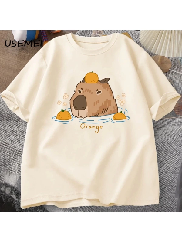 Capybara portakallar ile yüzme t-shirt boy T Shirt Unisex pamuk Shrot kollu karikatür hayvan
