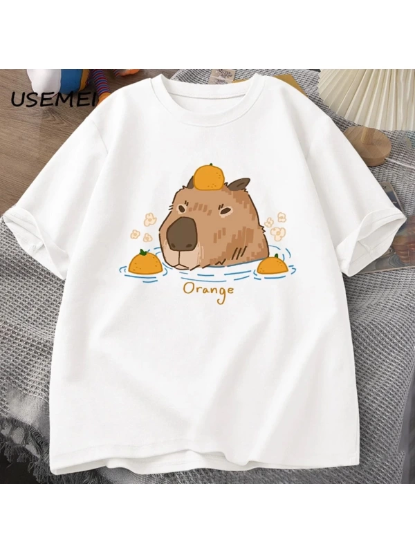 Capybara portakallar ile yüzme t-shirt boy T Shirt Unisex pamuk Shrot kollu karikatür hayvan