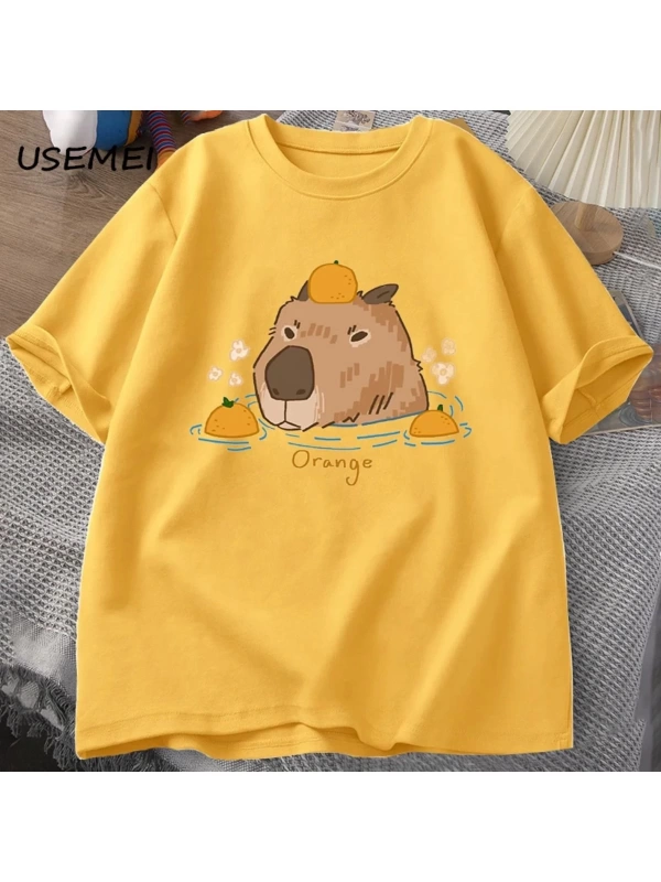 Capybara portakallar ile yüzme t-shirt boy T Shirt Unisex pamuk Shrot kollu karikatür hayvan