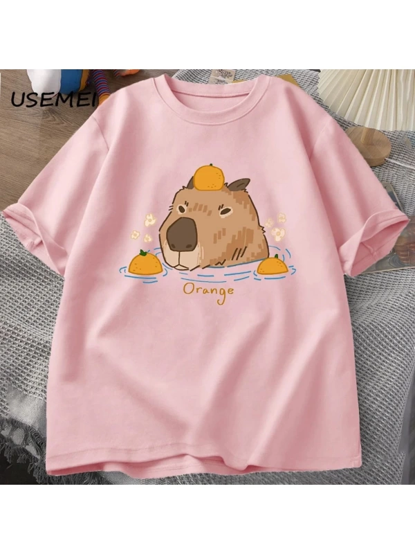 Capybara portakallar ile yüzme t-shirt boy T Shirt Unisex pamuk Shrot kollu karikatür hayvan