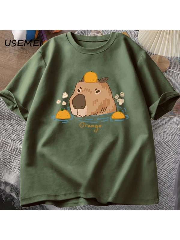 Capybara portakallar ile yüzme t-shirt boy T Shirt Unisex pamuk Shrot kollu karikatür hayvan