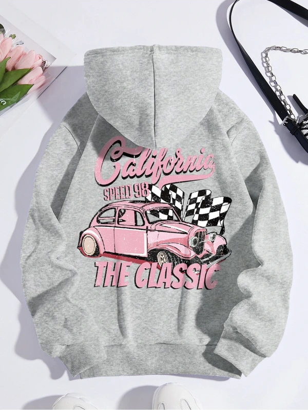 Car & Letter Graphic Drawstring Lined Hoodie Gri