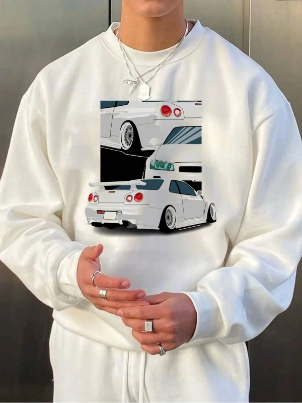 Car Print Drop Shoulder Sweatshirt Beyaz