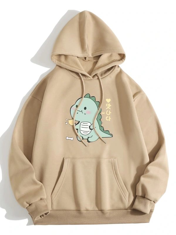 Cartoon And Korean Letter Graphic Drawstring Lined Hoodie Bej