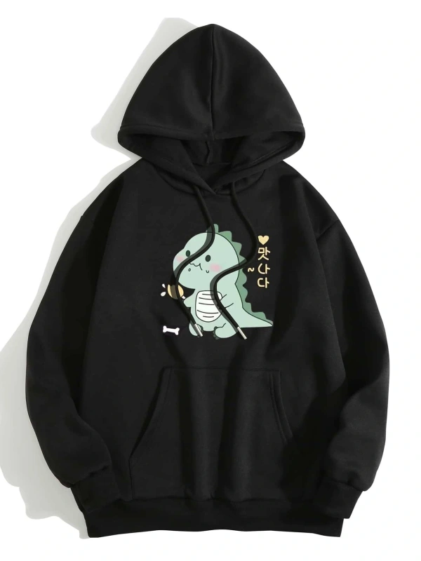 Cartoon And Korean Letter Graphic Drawstring Lined Hoodie Siyah