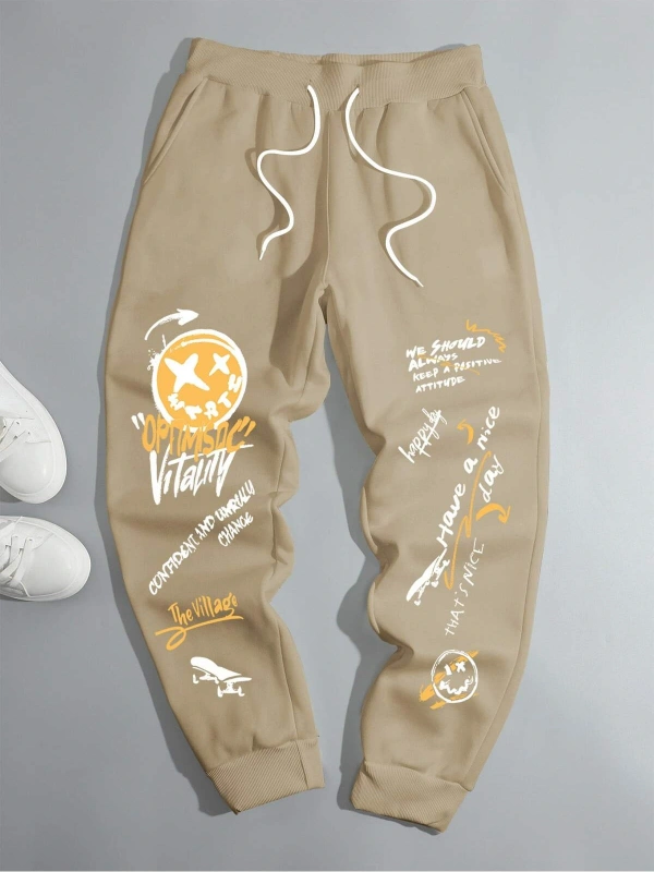 Cartoon Face & Slogan Graphic Drawstring Waist Eşofman Altı