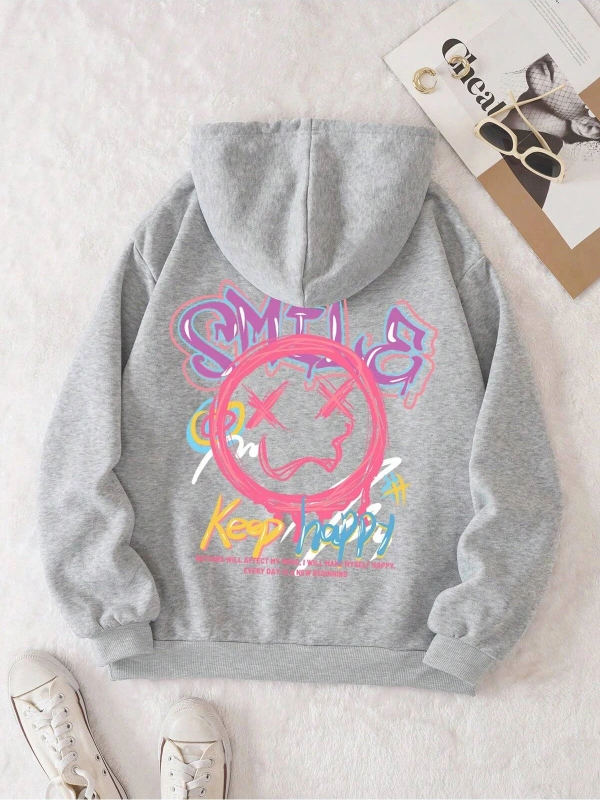 Cartoon & Letter Graphic Drawstring Lined Hoodie Gri