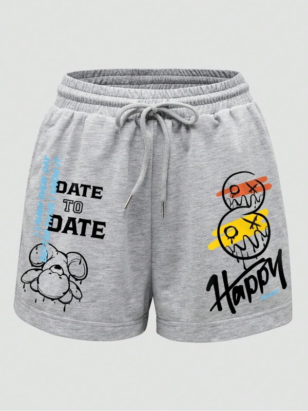 Cartoon & Letter Graphic Drawstring Waist Şort