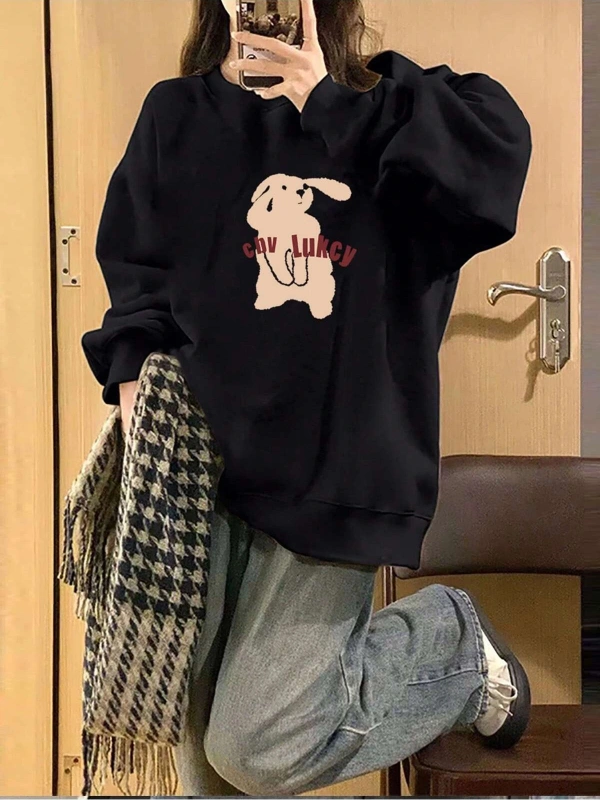 Cartoon & Letter Graphic Drop Shoulder Pullover Siyah