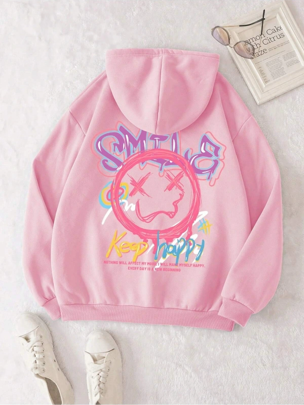 Cartoon & Slogan Graphic Drawstring Lined Hoodie Pembe