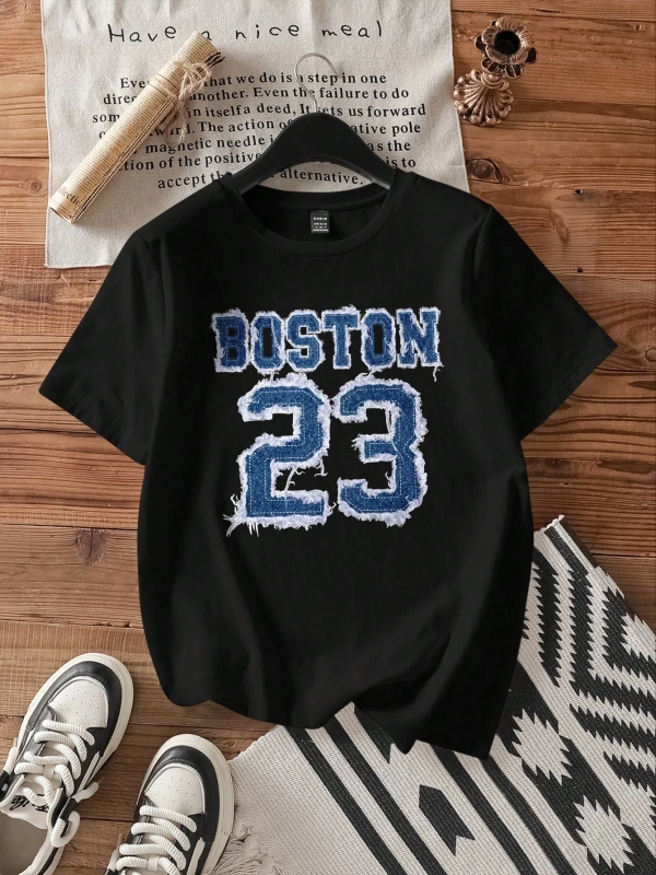 Casual Blue Aplike Boston 23 Baskılı Siyah Bol Yuvarlak Yaka Kısa Kollu Tişört, Pa