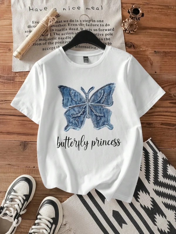 Casual Blue Aplike Kelebek Desenli Beyaz Yuvarlak Yaka Kısa Kollu Fitted Kadın Tişör