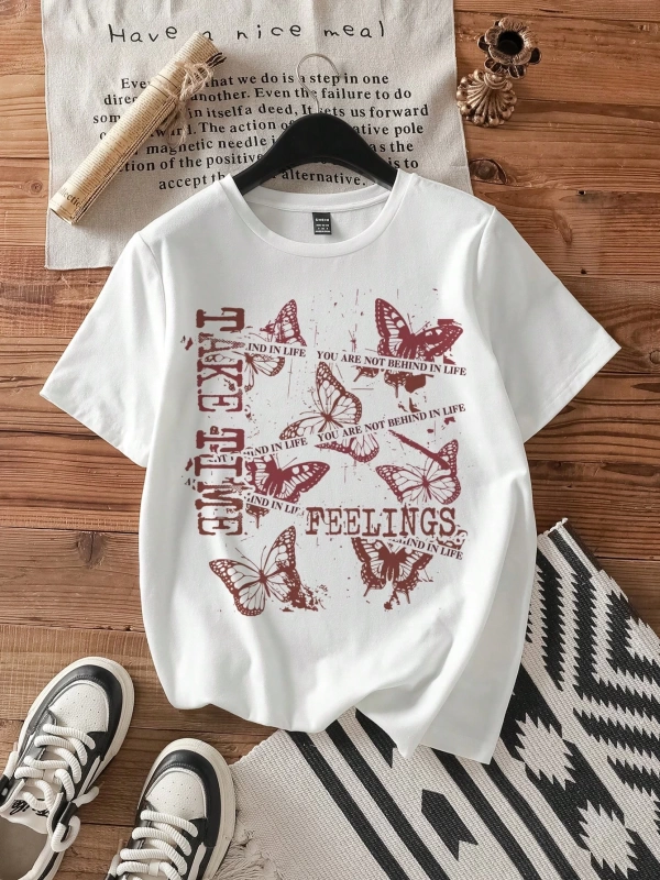 Casual Kelebek Desenli Yuvarlak Yaka Kısa Kollu Kadın Tişörtü, Pamuklu, Yaz İçin Uyg