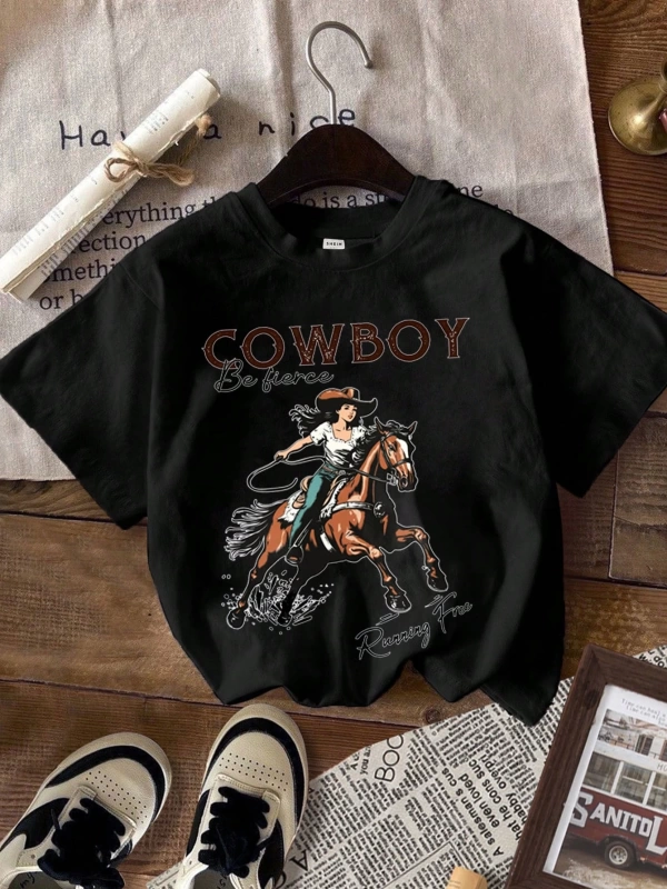 Casual Loose Binicilik Baskılı Yuvarlak Yaka Kısa Kollu Kadın Tişörtü, Yaz İçin Uygu