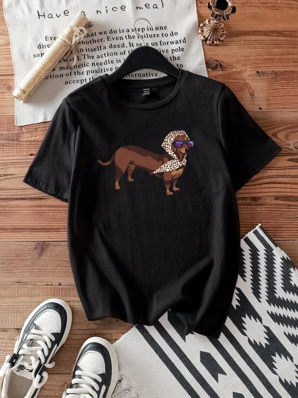 Casual Loose Dachshund Baskılı Yuvarlak Yaka Kısa Kollu Kadın Tişörtü, Yaz İçin Uygu