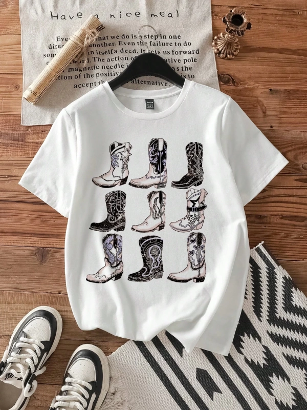 Casual Loose Dokuz Kareli Izgara Desen Yuvarlak Yaka Kısa Kollu Kadın Tişörtü, Y