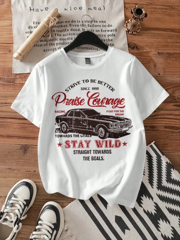 Casual Loose Fit Araba Baskılı Yuvarlak Yaka Kısa Kollu Kadın Tişörtü, Yaz İçin Uygu