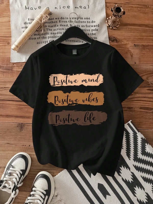 Casual Loose Grafik Baskılı Yuvarlak Yaka Kısa Kollu Kadın Tişörtü, Yazlık Kazak İçi