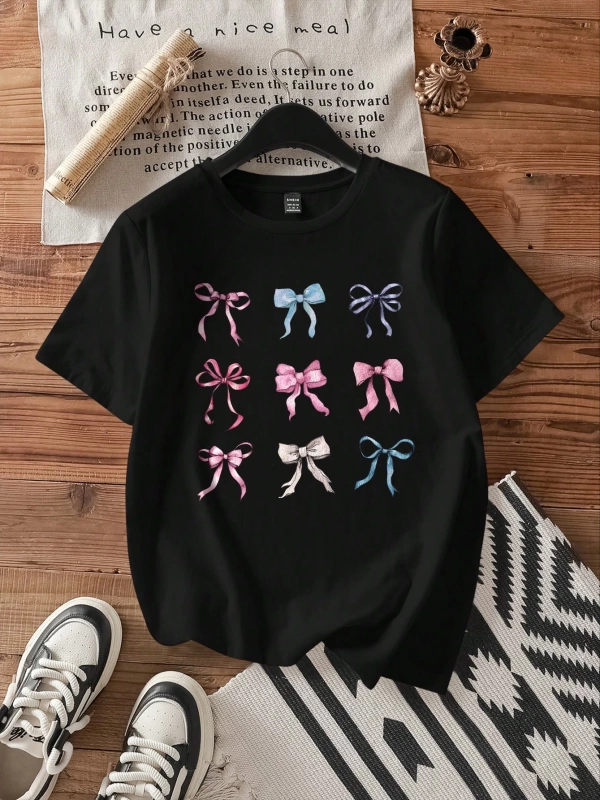 Casual Loose Lattice Bow Decor Yuvarlak Yaka Kısa Kollu Tişört Kadınlar İçin, Pamuk