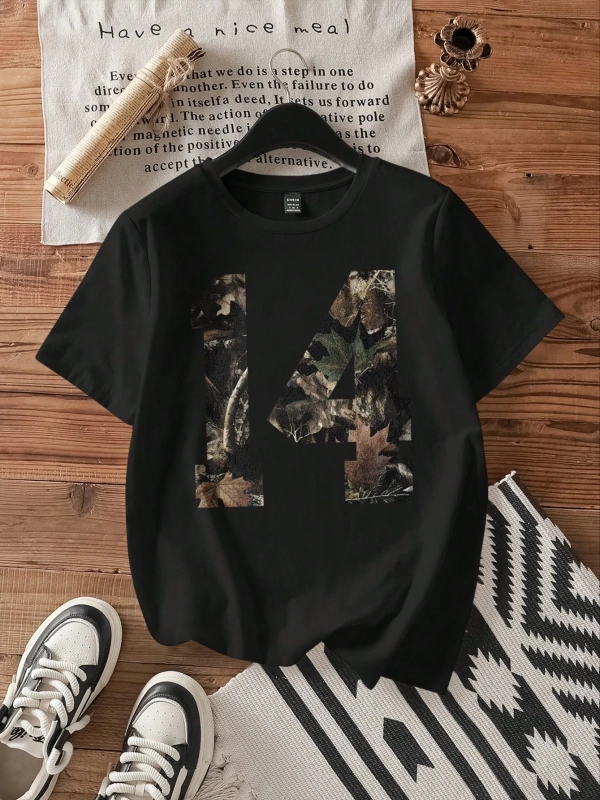 Casual Loose Leaf Desen Yuvarlak Yaka Kısa Kollu Kadın Tişörtü, Sokak %34 Pamuk, Yaz