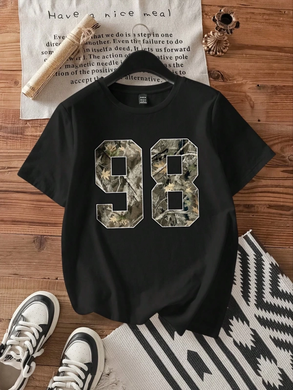 Casual Loose Leaf Desen Yuvarlak Yaka Kısa Kollu Kadın Tişörtü, Yaz İçin Uygun