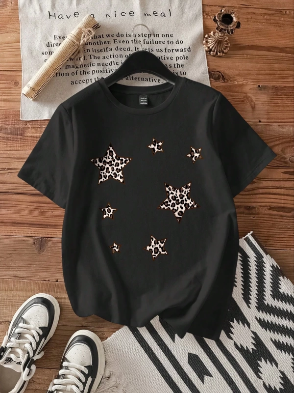 Casual Loose Leopar Desenli Pentagram Grafik Yuvarlak Yaka Kısa Kollu Pamuk Karı