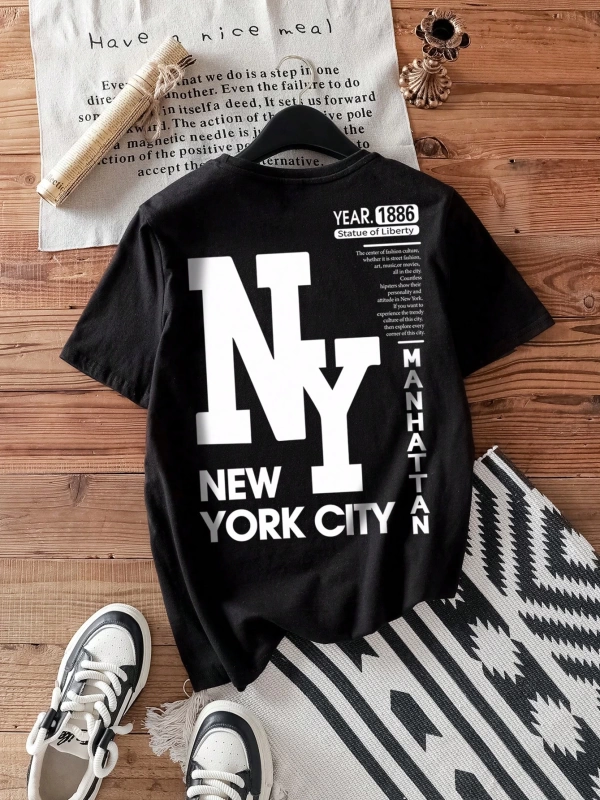Casual Loose NY Grafik Yuvarlak Yaka Kısa Kollu Tişört Kadınlar İçin, Yaz İçin Uygun
