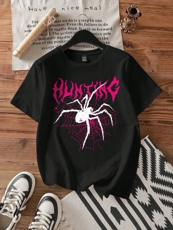 Casual Loose Örümcek Baskılı Yuvarlak Yaka Kısa Kollu Tişört Kadınlar İçin, Yaz İçin