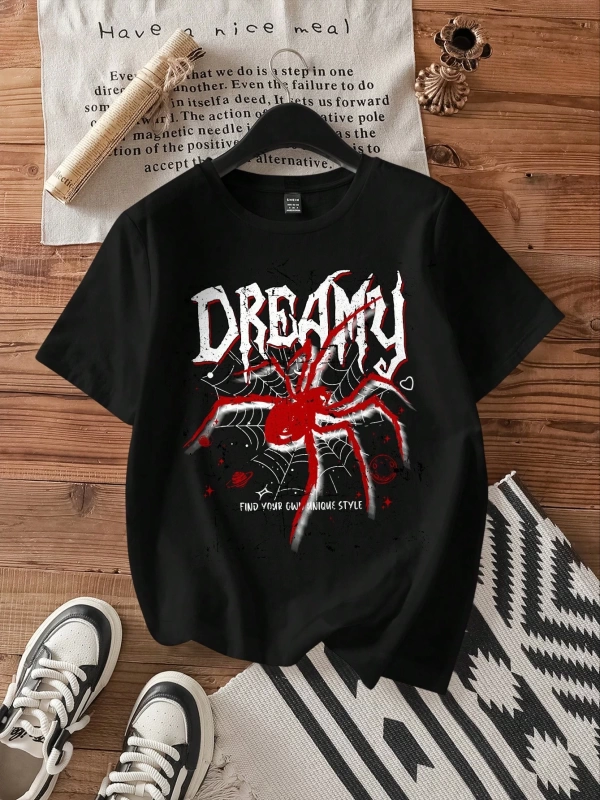 Casual Loose Örümcek Desen Yuvarlak Yaka Kısa Kollu Kadın Tişörtü, Yaz ve Cadılar Ba