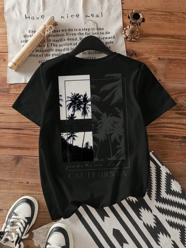 Casual Loose Palmiye Ağacı Baskılı Yuvarlak Yaka Kısa Kollu Pamuklu Tişört Kadınlar