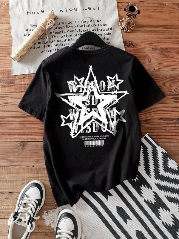 Casual Loose Pentagram Desen Yuvarlak Yaka Kısa Kollu Kadın Tişörtü, Yaz İçin Uygun