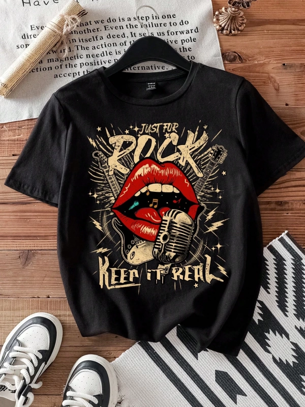 Casual Loose Rock Müzik Dudaklar Grafik Baskılı Yuvarlak Yaka Kısa Kollu Kadın Tişör