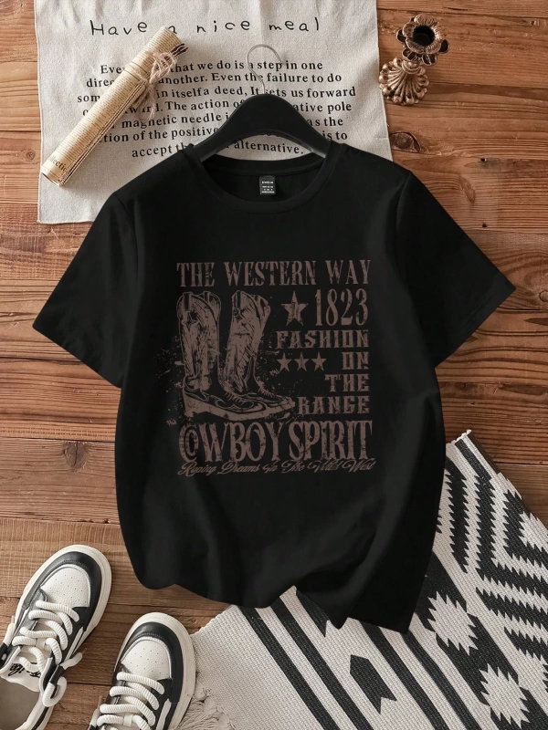 Casual Loose The Western War Baskılı Desen Yuvarlak Yaka Kısa Kollu Bol Kadın Tişö