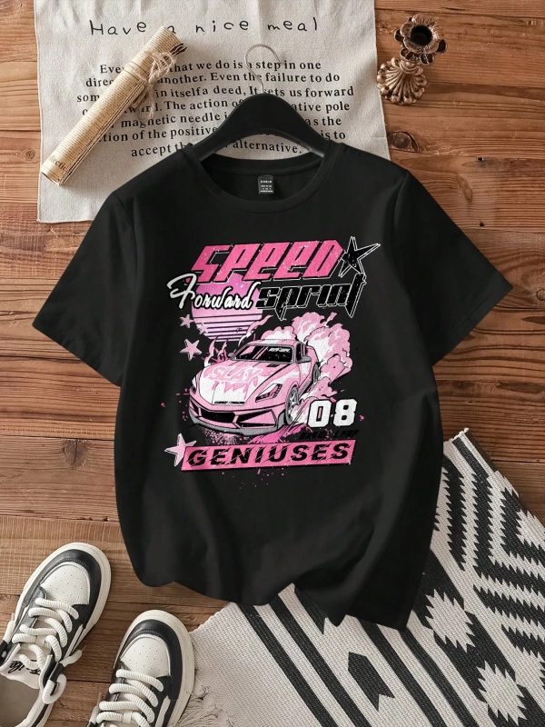 Casual Loose Vintage Araba Grafik Yuvarlak Yaka Kısa Kollu Kadın Tişörtü, Yaz İçin U