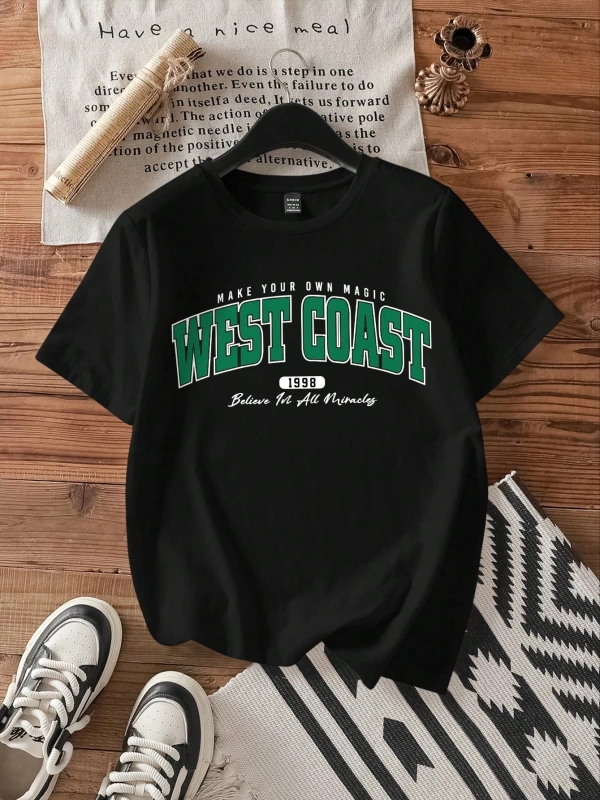 Casual Loose West Coast English Graphic Yuvarlak Yaka Kısa Kollu Tişört Kadınlar İçi