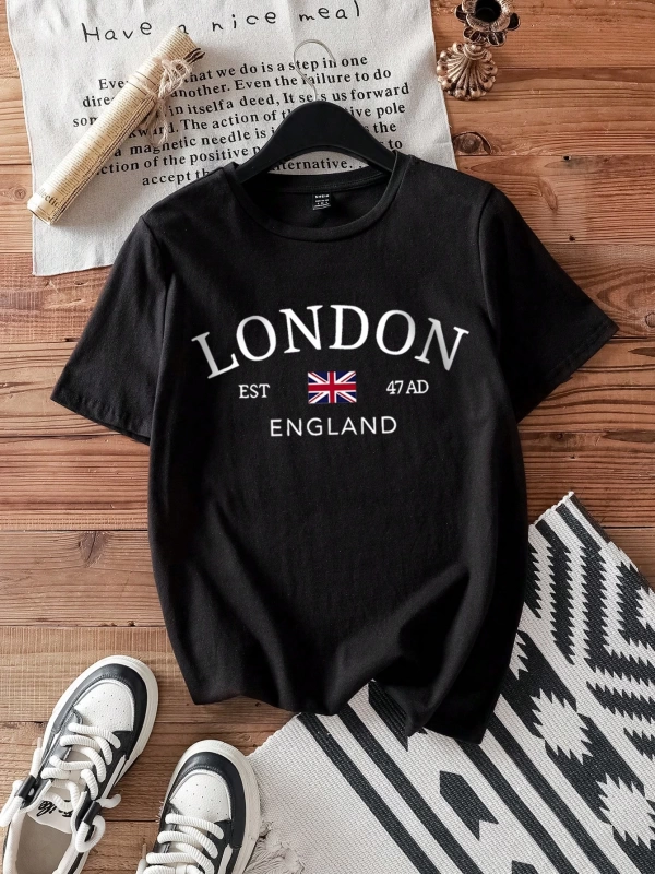 Casual Minimalist Londra Bayrağı Baskılı Bol Kesim Yuvarlak Yaka Kısa Kollu Tişö