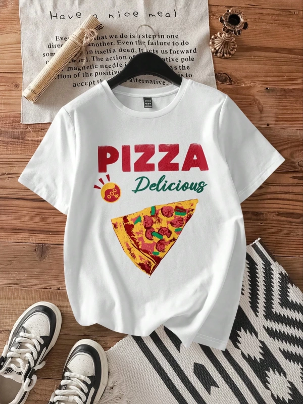 Casual Pizza Grafik Beyaz Yuvarlak Yaka Kısa Kollu Fitted Kadın Tişörtü, Pamuk Yaz İ