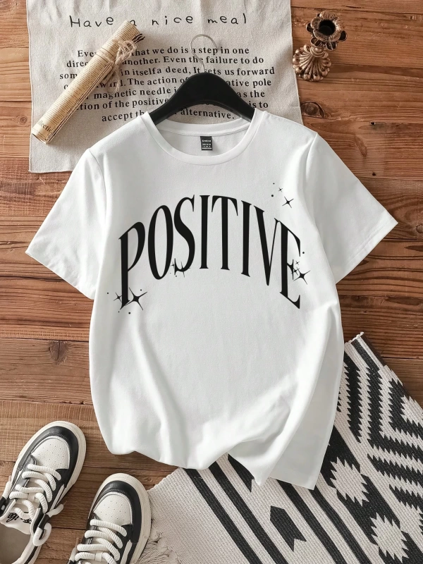 Casual Positive Letter Print Crew Neck Kısa Kollu Fitted Kadın Tişörtü, Yaz İçin Uyg
