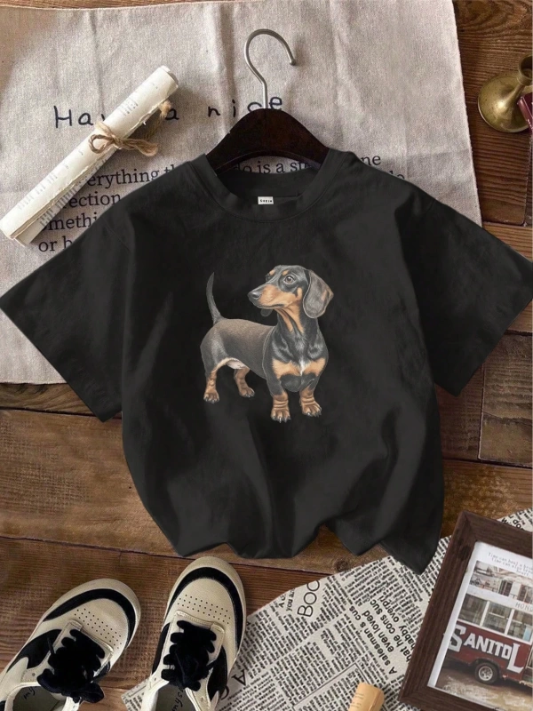 Casual Retro Dachshund Grafik Yuvarlak Yaka Kısa Kollu Dar Kesim Kadın Tişörtü,