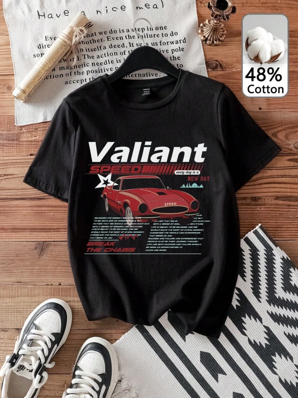 Casual Retro Kırmızı Araba Desenli %50 Pamuk Kadın Tişört