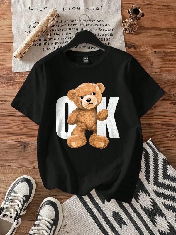 Casual Siyah Büyük Boy OK Bear Grafik Yuvarlak Yaka Kısa Kollu Pamuklu Tişört Kadınl