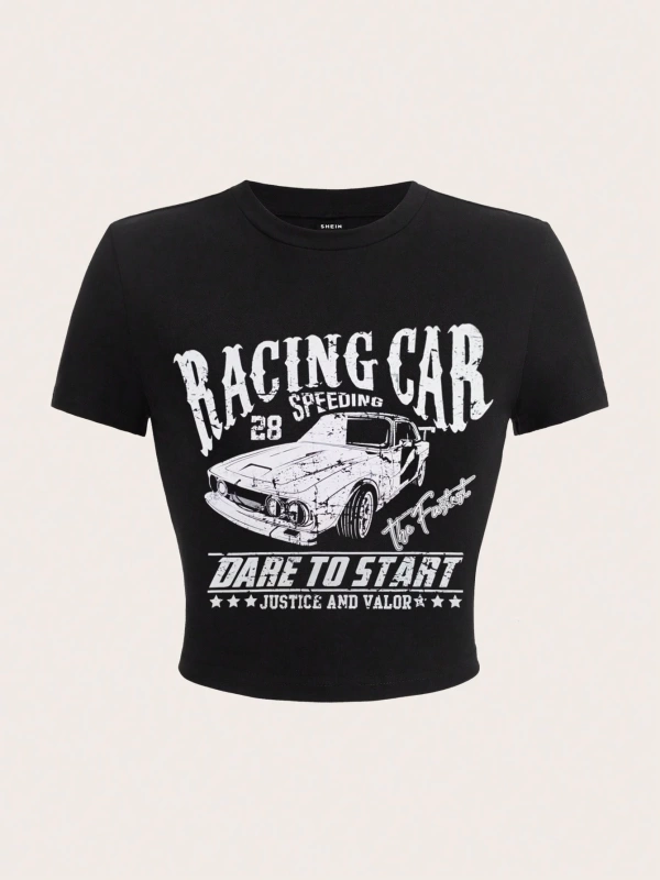 Casual Slogan ve Araba Grafikli Yuvarlak Yaka Kısa Kollu Slim Fit Kadın Tişörtü,