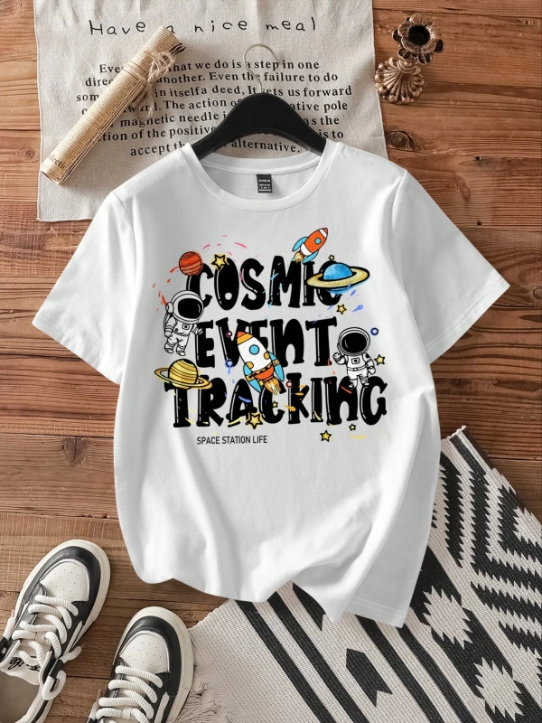 Casual Spaceship Rocket Astronaut Grafik Baskılı Beyaz Mürettebat Yaka Kısa Kollu Da