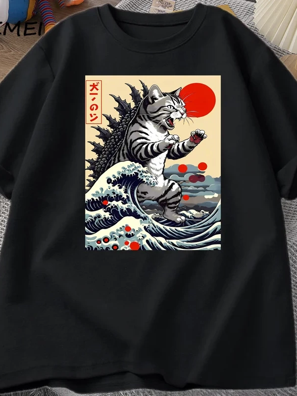 Catzilla Kedi Japon komik tişört Erkekler Kadınlar için Vintage Karikatür Baskı Rahat Rahat Y 2853