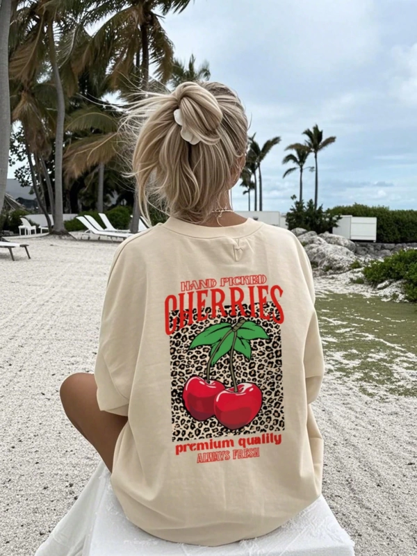 CHERRY Kadın Kiraz ve Leopar Desenli Yuvarlak Yaka Kısa Kollu Tişört, Günlük Giyim İçin Rahat