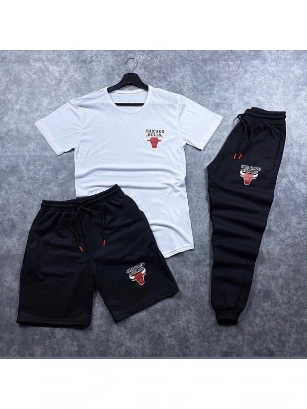 Chicago Baskılı Beyaz - Siyah Slim Fit 3’lü Takım ( Tişört - Şort - Eşofman Alt